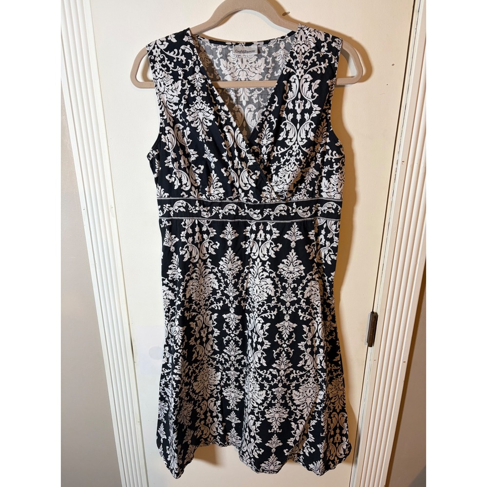 Croft & Barrow Womens Black White Damask Faux Wrap Sleeveless A-Line Dress L